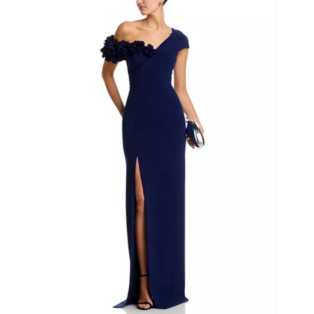 Teri Jon Rickie Freeman Floral One Shoulder Gown | Navy Blue | Formal Dress 10